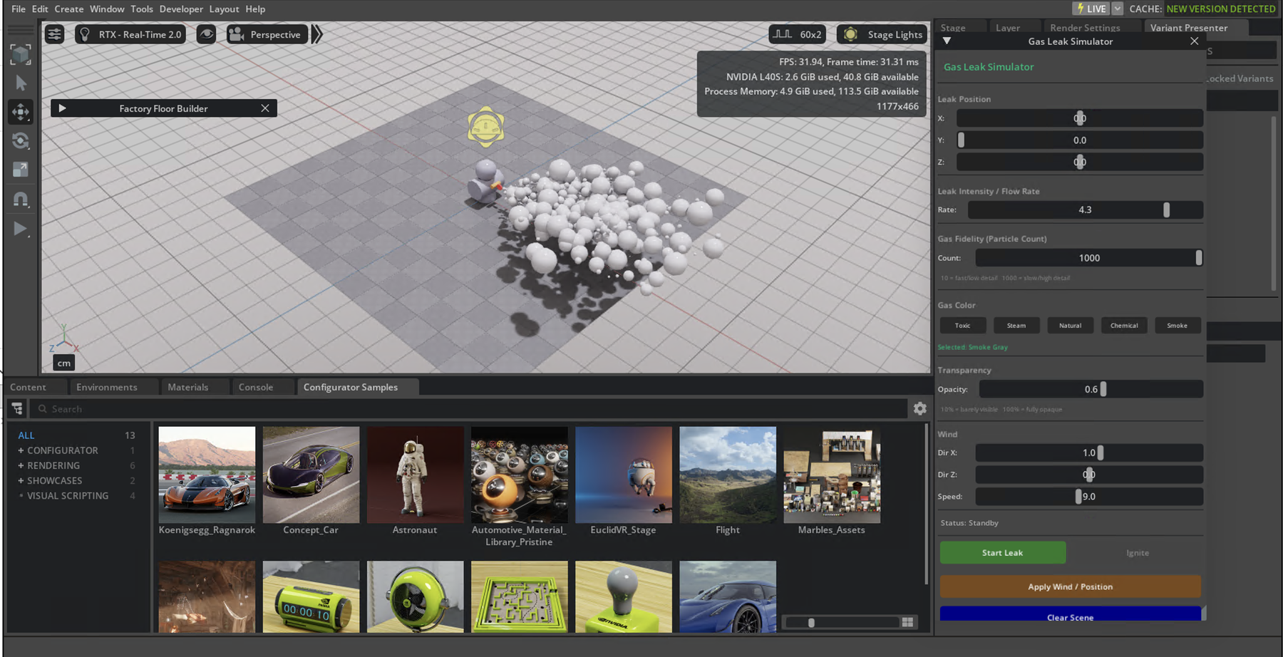 The gas leak prototype running as a Kit extension inside USD Composer, with the viewport, content browser and Gas Leak Simulator panel visible.