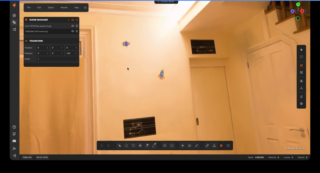 The four-million-Gaussian playroom result open in SuperSplat. The reconstructed room fills the viewport while the scene manager, transform controls and editing tools remain visible around it.