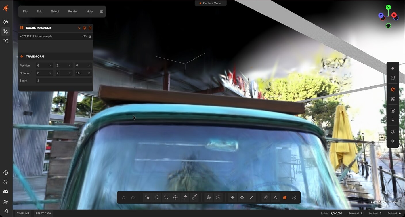 The truck Gaussian reconstruction viewed from an unsupported angle, showing long gray and white splats extending across the scene above the vehicle.