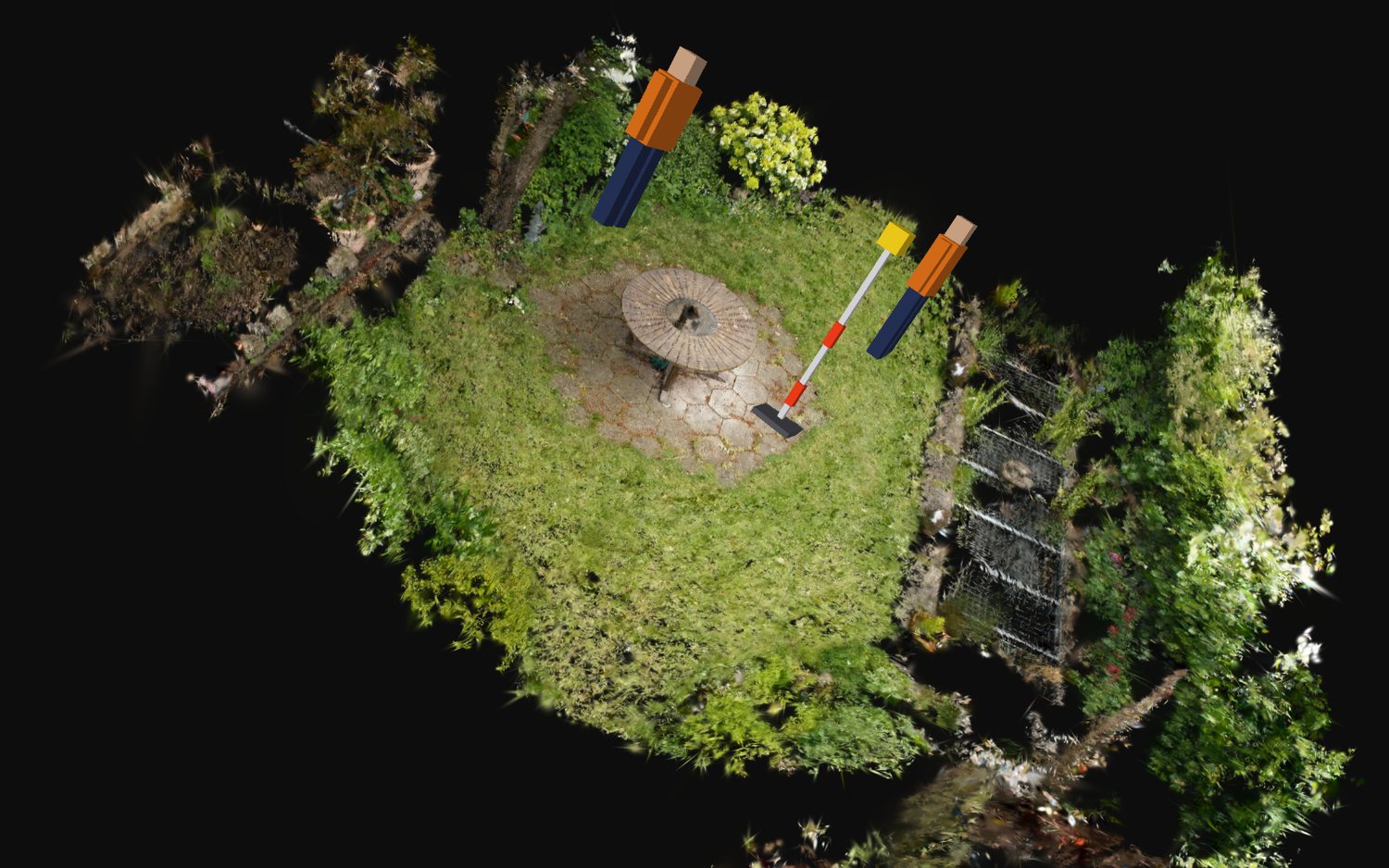 The cleaned Garden Gaussian splat with two simple person assets and a beacon composed into the scene. The people are visibly too large for the garden.