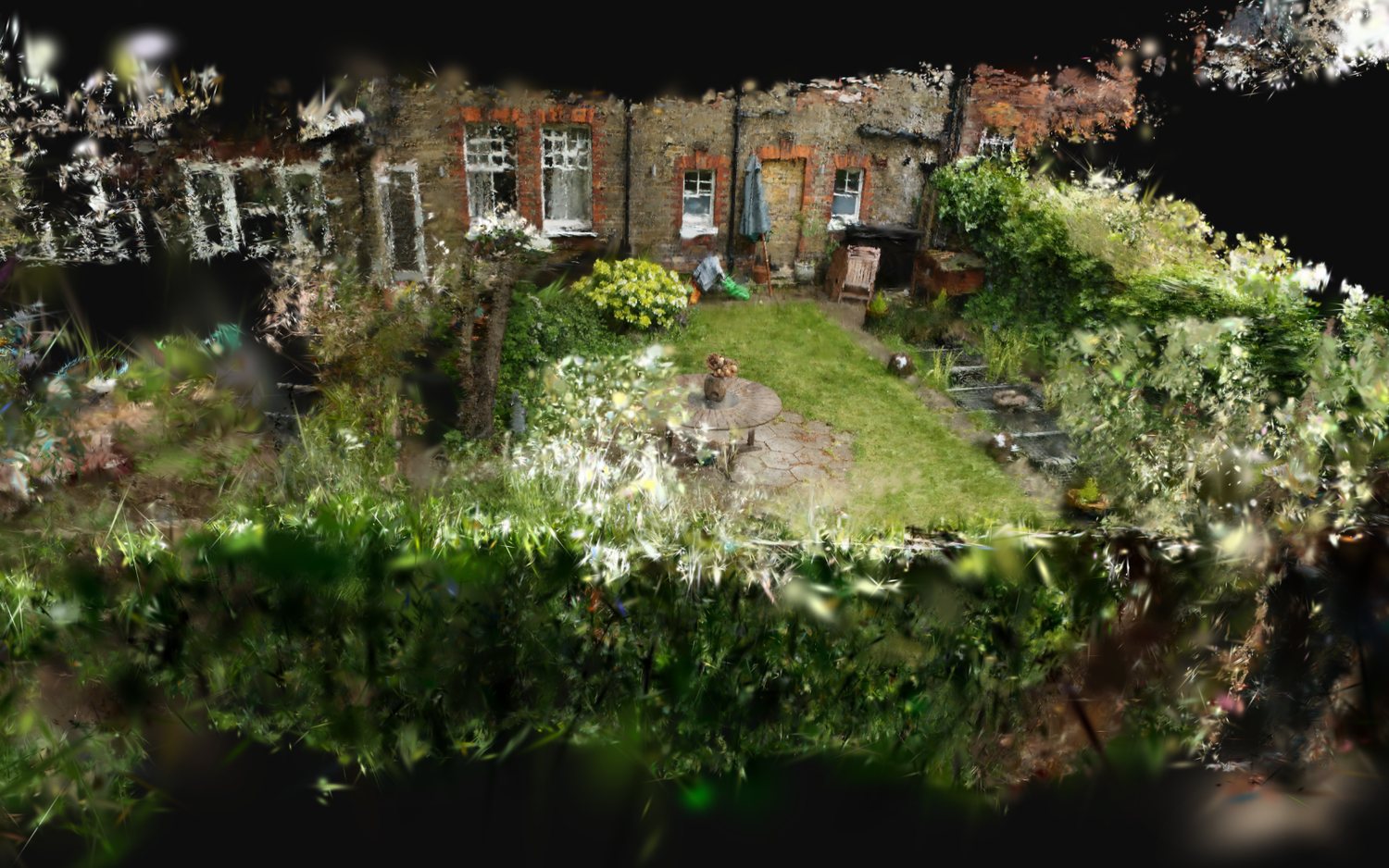 The reconstructed Garden Gaussian splat before composition, showing the garden and surrounding reconstruction artifacts against a black background.