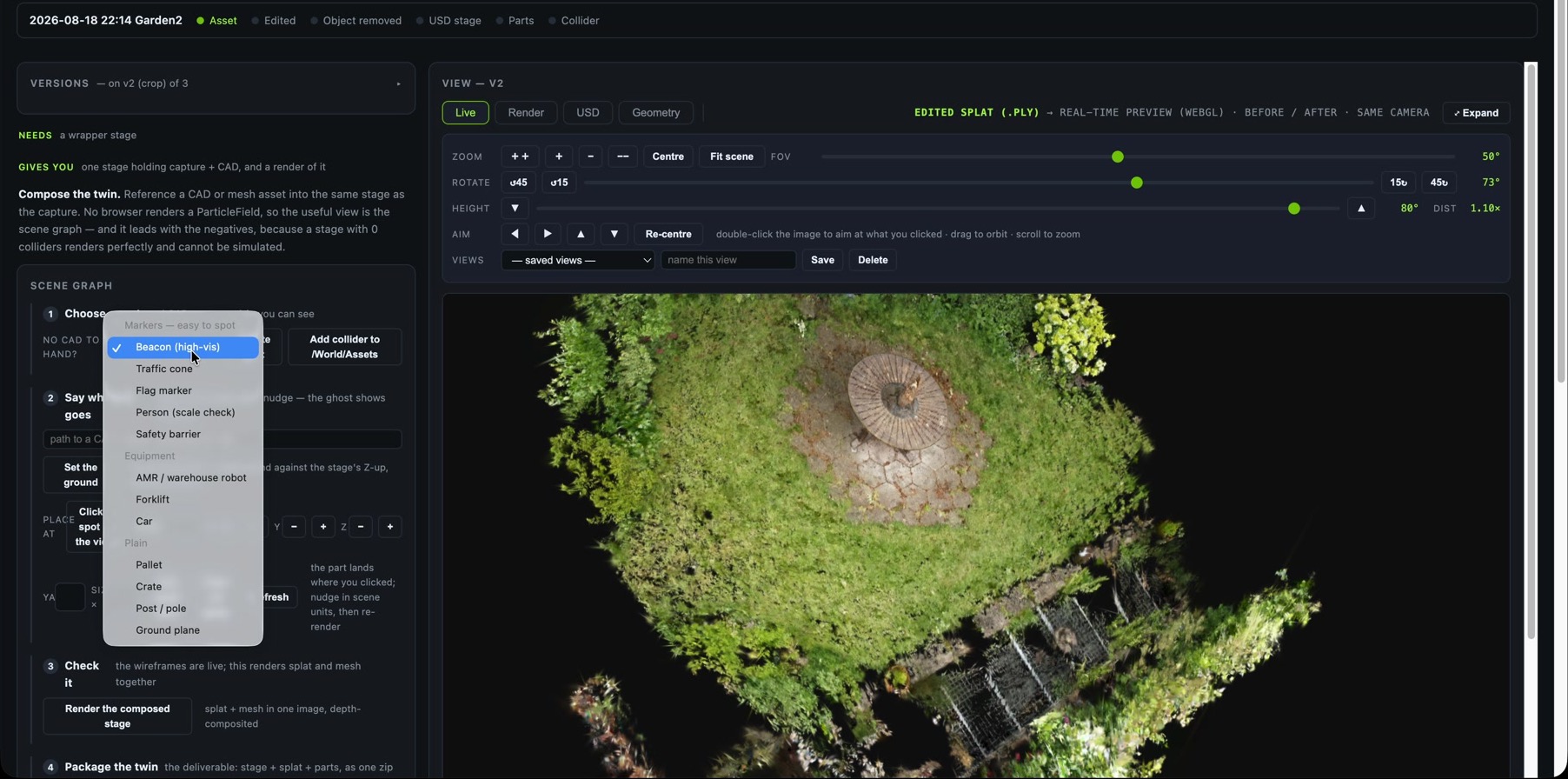 SplatStage Compose step with a menu of CAD-derived and mesh assets, placement controls and the edited Garden splat in the source-labelled live viewport.